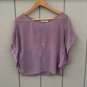 🍯 Vintage Sheer Embroidered Lavender Crop Blouse